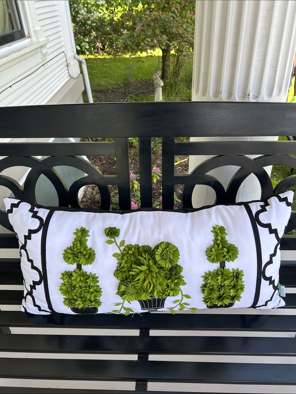 NWT Grandinroad Decorative Outdoor Lumbar Pillow with Green Topiary Design